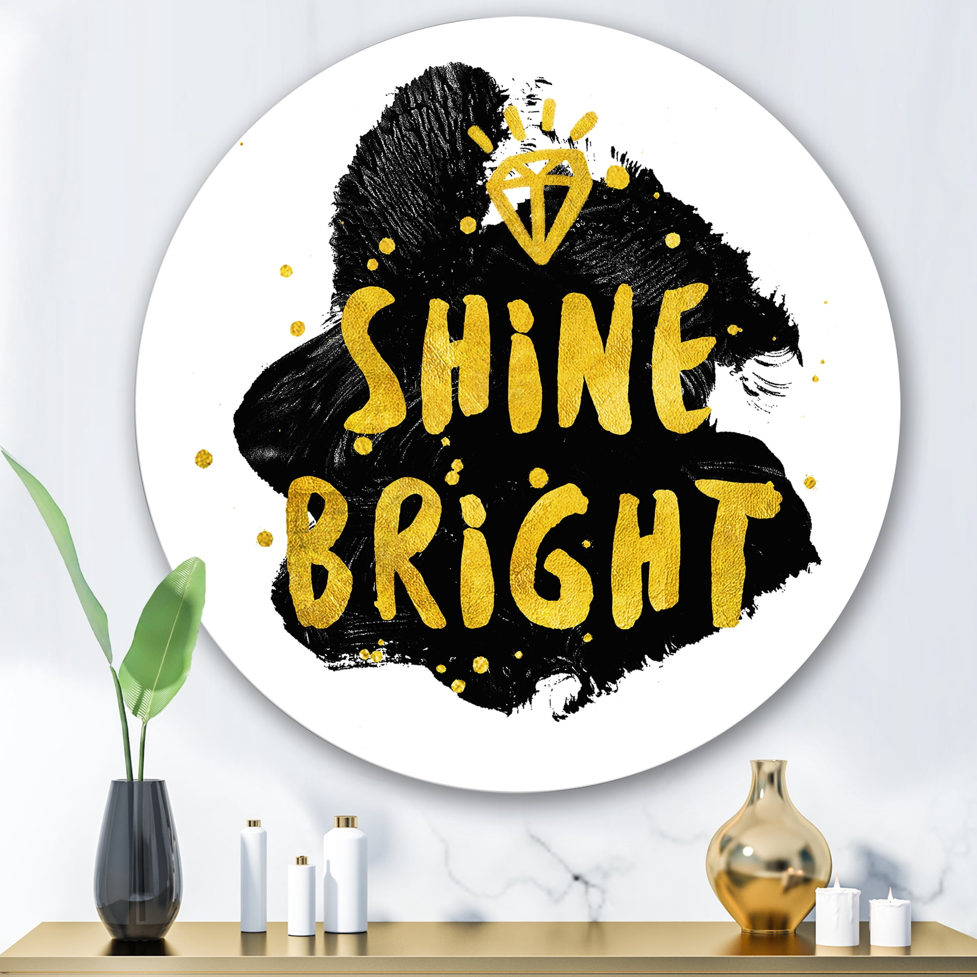 Designart 'Shine Bright Quote on Black' Glam Circle Metal Wall Art 29x29 - Disc of 29