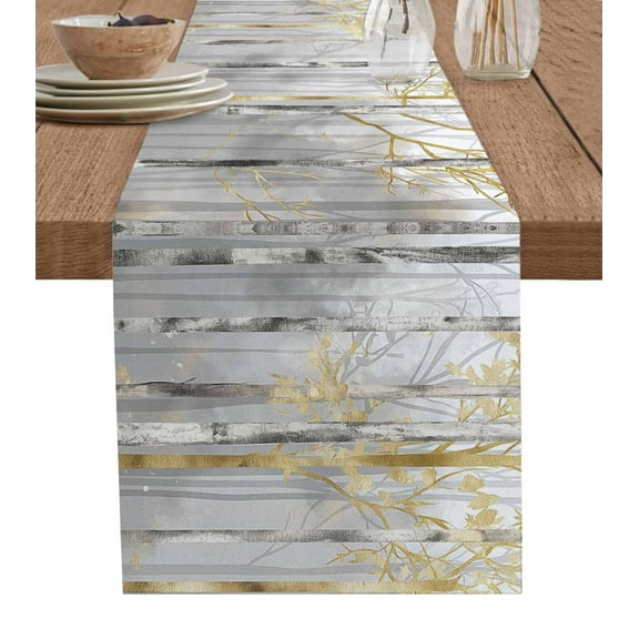 Golden Grey Tree Table Runner Oil Painting Forest Abstract Art Tablerunners 16 x 72 Inch, Table Decorations Tabletop Scarf for Summer Gathering Holiday Farmhouse Kitchen Dining Decor