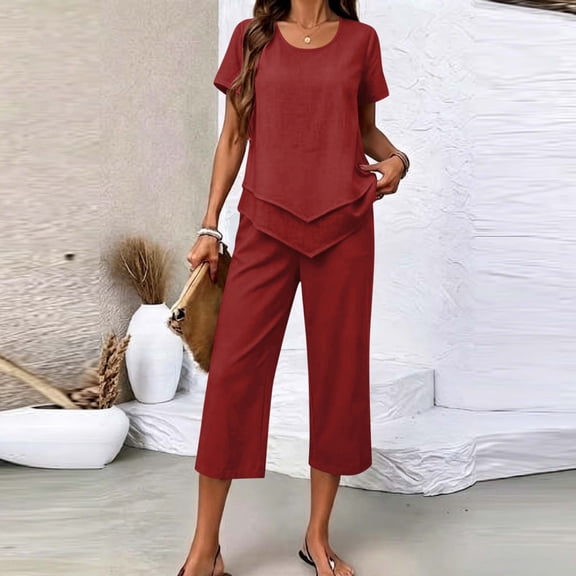 Costeam Womens Linen Textured 2 Piece Casual Outfits Crew Neck Short Sleeve Top Elastic Waist Capri Pants with Side Pockets Solid Color Loose Fit Lightweight Summer Daily Co Ord Set