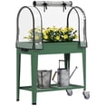 thumbnail image 2 of Outsunny Raised Garden Bed with Greenhouse Cover, Metal Outdoor Elevated Planter Box with Lockable Wheels, Storage Shelf and Drainage Hole, Green, 2 of 9