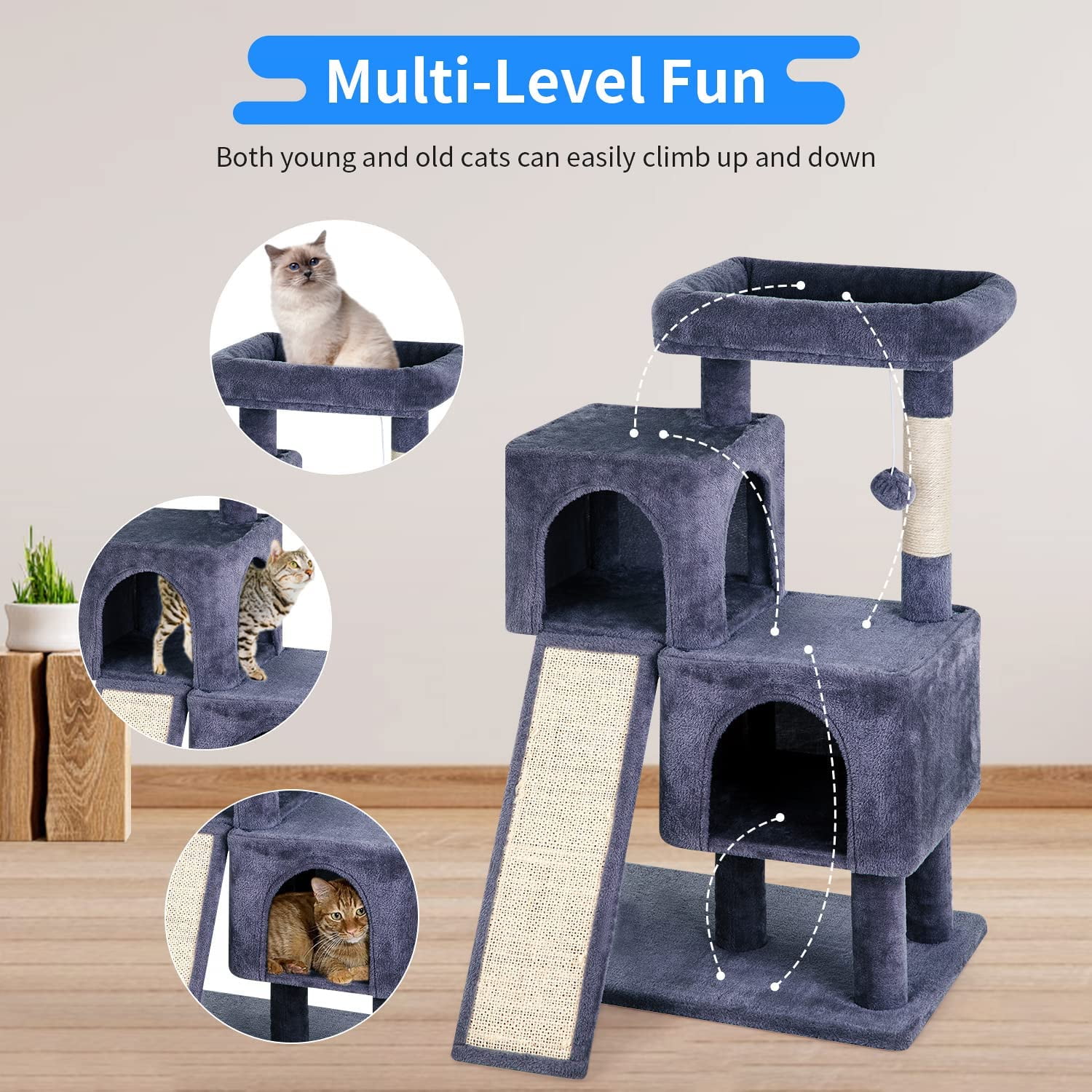 36 inches Cat Tree for Indoor Cats Cat Tower with Scratching Posts Multi-Level Cat Furniture Condo with Ramp Perch Spacious Cat Cave (Dark Grey)