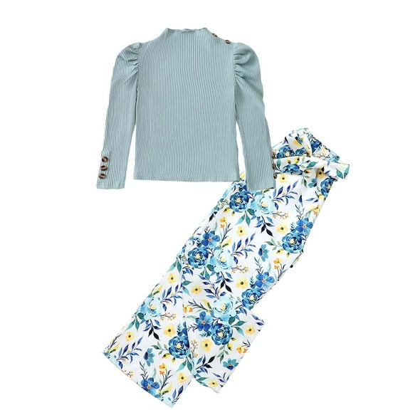 Kucnuzki 4T Toddler Girls Outfit Set 5T Girl Winter Clothes Puff Long Sleeves Solid Color Knitted Top Floral Pants Wide Leg Pants Sets 2pcs Warm Clothing Blue