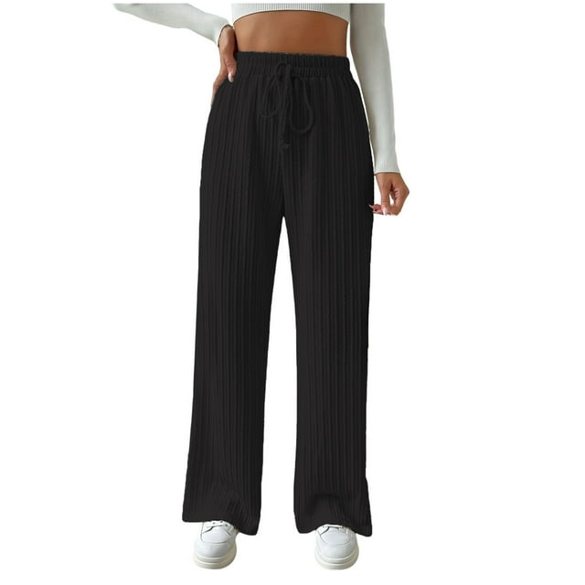 Maplenight Women's Summer Textured Knitted Ribbed Pants Loose Straight Leg Lounge Pants Elastic Waist Drawstring High Waisted Solid Color Casual Pants 2025 on Clearance