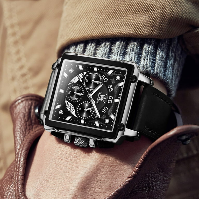 OLEVS Square Watches for Men Brown Leather Chronograph Fashion