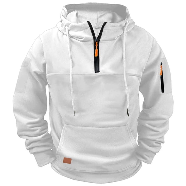 Ceisia Men's Fleece-Lined Half-Zip Hooded Sweatshirt with Multi-Pockets for Casual & Work Wear White L Gifts