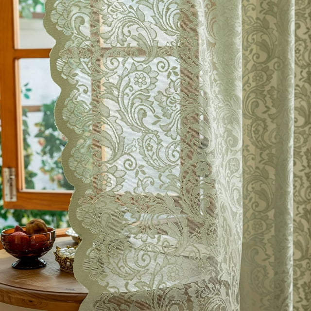 ALIGOGO Green Lace Curtains 84 Inches Length 2 Panels - Embroidered Rustic Floral Sheer Curtains for Living Room Bedroom Rod Pocket Light Filtering Scalloped Edges, 52 x 84 Inch, Sage Green