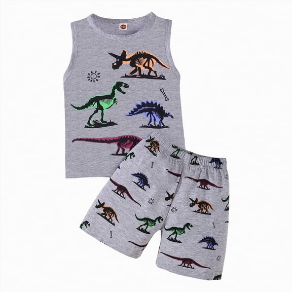 TOWED22 Toddler Boy Summer Clothes 2pcs Outfits Sleeveless Tee Tank Cute Cartoon Print Drawstring Shorts Breathable Set(Grey,2-3 Y)