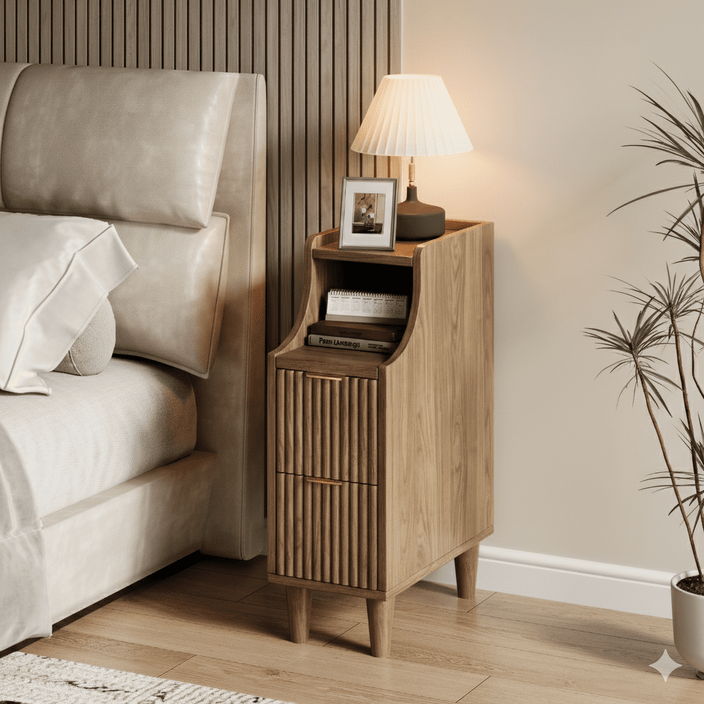 UGTOO Set of 2 Nightstands with 2 Drawers and Open Shelf, Mid-Century Modern Slim End Side Table for Bedroom and Living Room, Walnut Finish with Gold Accents