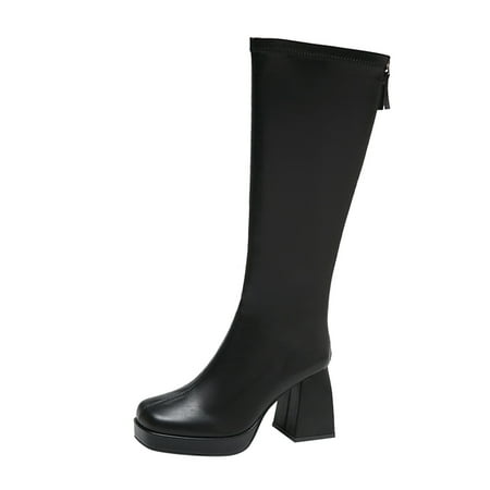 

Ladies Fashion Solid Color Leather Square Toe Back Zip Chunky High Heel Boots