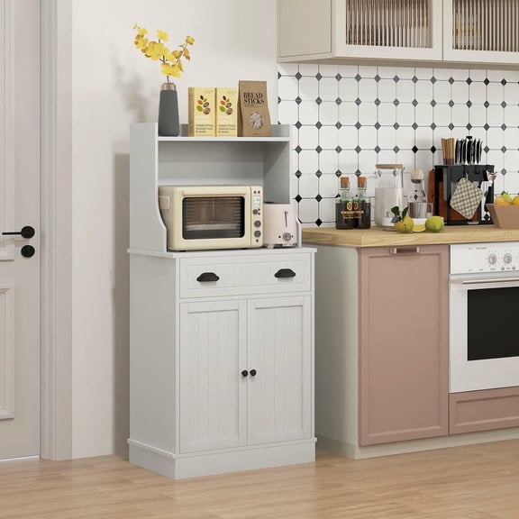 Resenkos Kitchen Buffet with Hutch and Microwave Storage Space, Includes a Drawer, a Cabinet, and an Adjustable Shelf for Dining Room Use, White