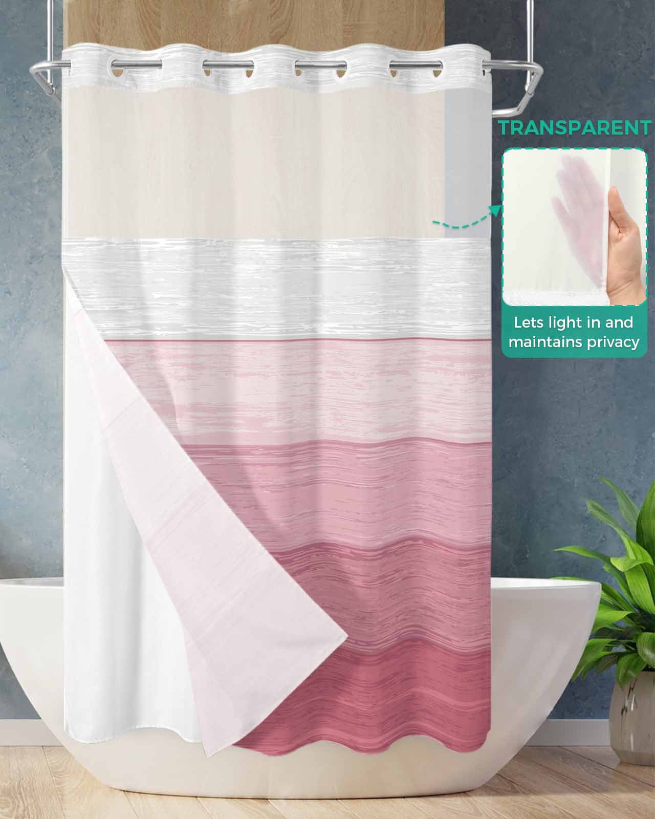 No Hook Shower Curtain with Snap in Liner, Pink Striped Gradient Rustic Wood Board Hotel Shower Curtains for Bathroom, Washable Shower Curtain Liner Set with Mesh Top Window, 36"x78"