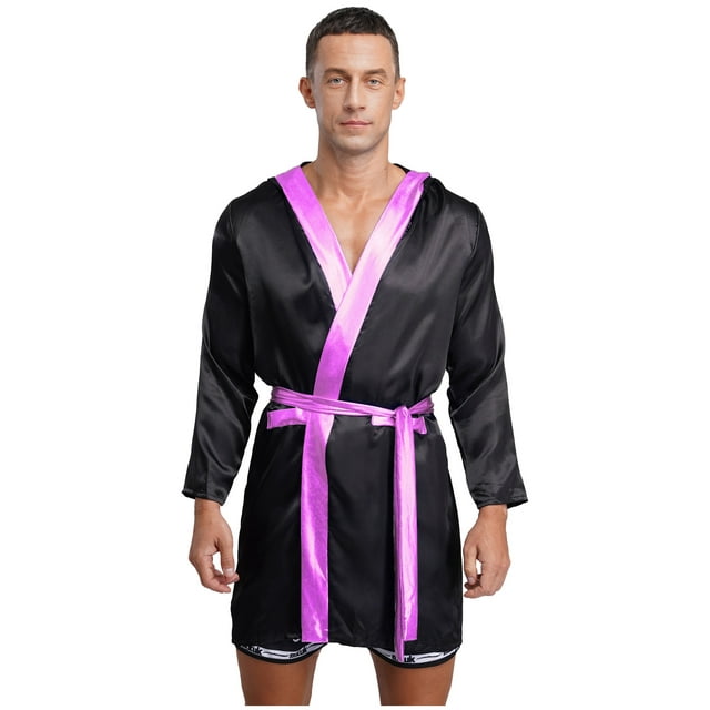 YiZYiF Boxing Robe for Mens Satin Hooded Open Front Metallic Trim Cloak with Belt Black Pink 16