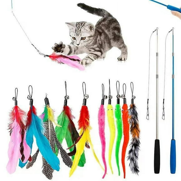 Dww-jouet Plumes Pour Chats [12 Pcs], Jouets Interactifs Pour Chats 2 Btons Drles De Baguette Rtractable Pour Chat Et 10 Plumes De Remplacement Avec