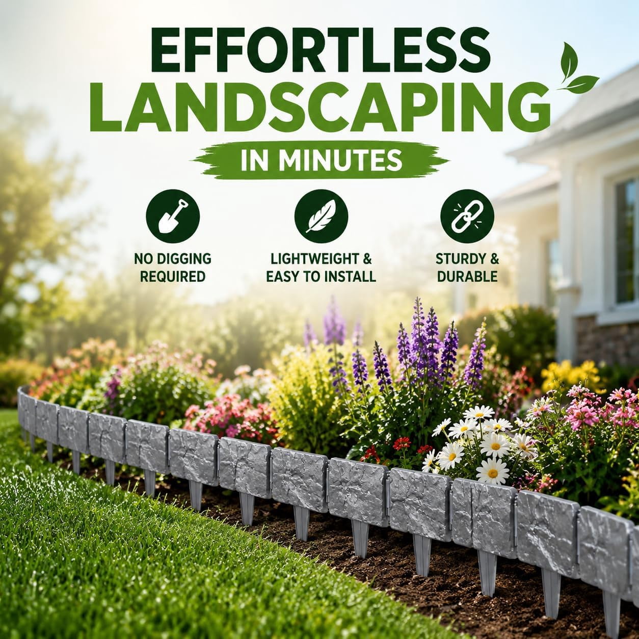Imitation Stone Garden Fence, Plastic Retaining Edging Border Grey Cobbled Effect Landscape Decor Interlocking Decorative Panels, Flower Bed Path Lawn Outdoor Picket Yard (10, gray)M