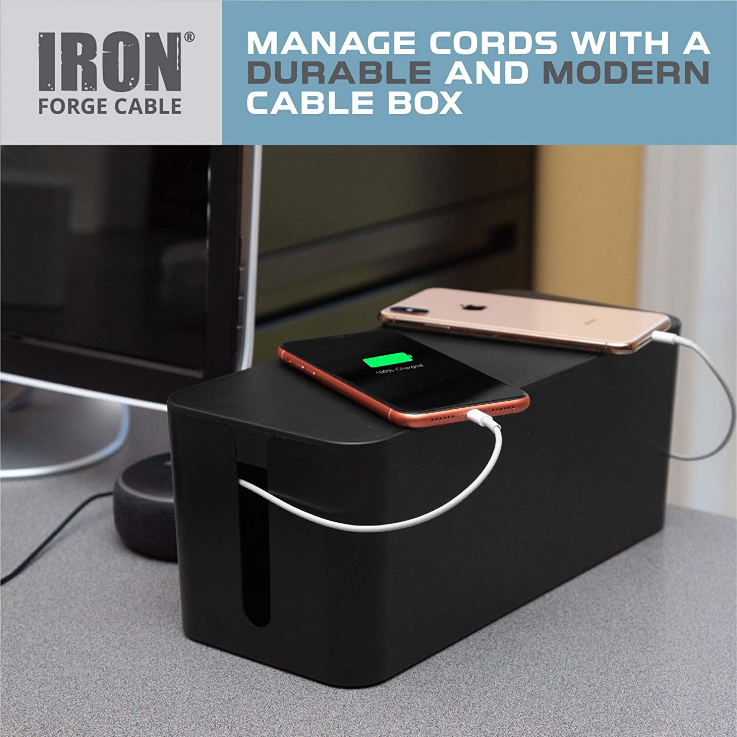 Iron Forge Cable Large Cable Management Box - Black Cord Organizer and Hider for Wires, Power Strips, Surge Protectors & More - Includes Cable Sleeve, Hook and Loop Keepers, Zip Ties & Clips