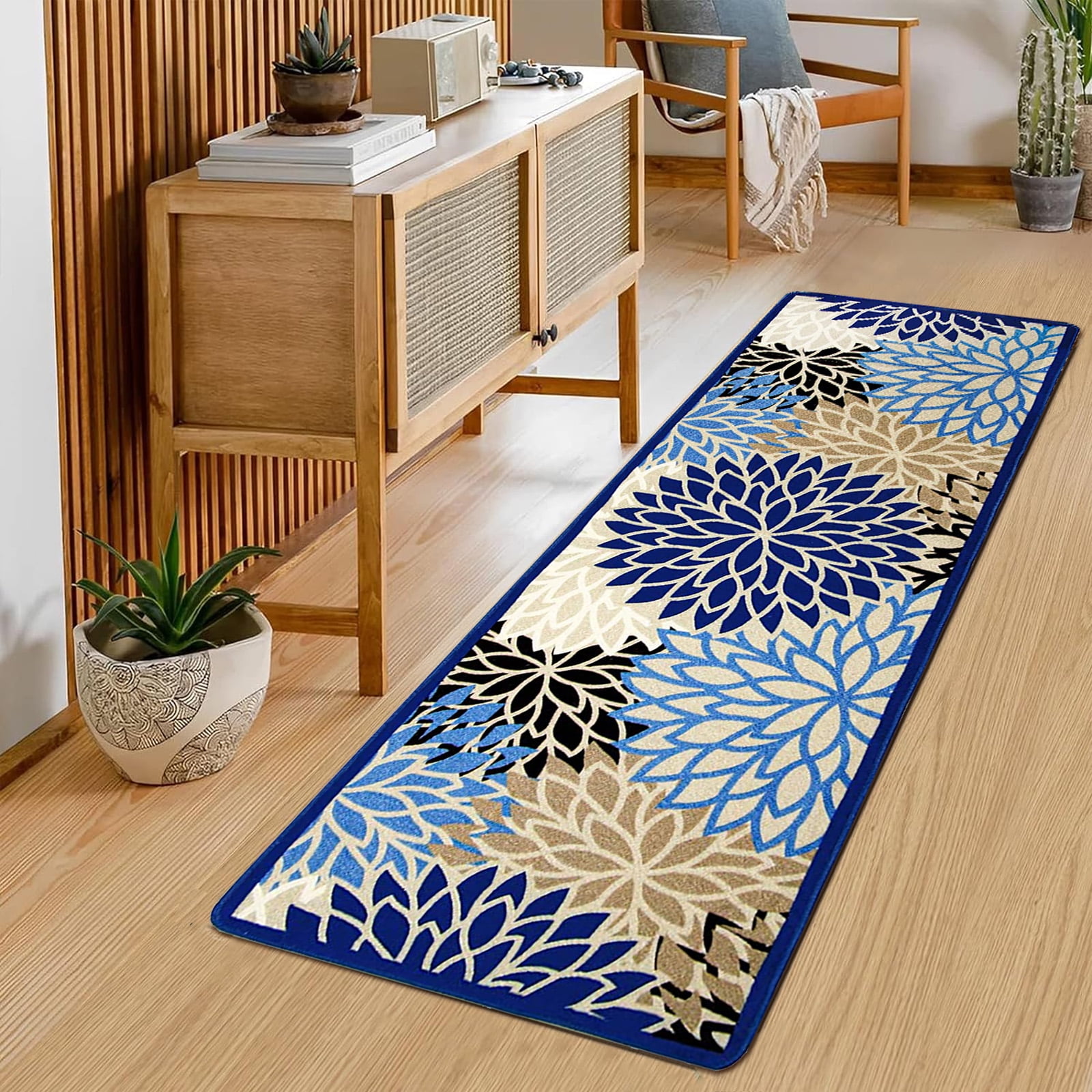 Runner Rugs for Hallway, Yamaziot 2'x6' Laundry Room Mat, Washable Non Slip Kitchen Rug, Floral Bathroom Floor Carpet Doormat, Blue