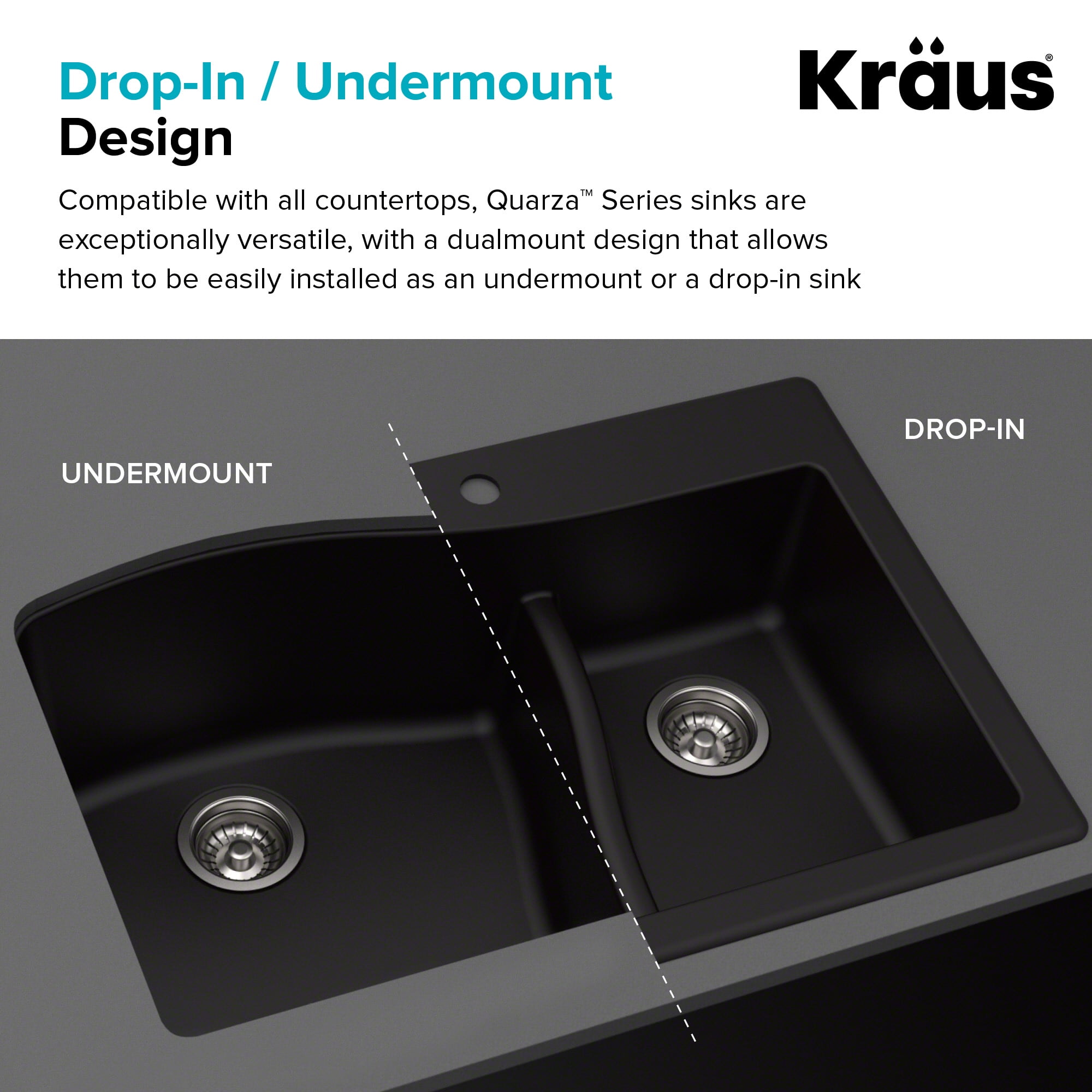KRAUS Quarza 33 inch Dual Mount 60/40 Double Bowl Granite Kitchen Sink and Strainers in Brown