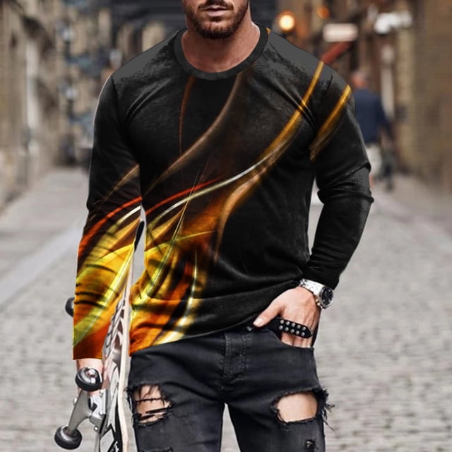Meichang T-Shirt à Manches Longues pour Homme Coupe Ajustée, T-Shirts Graphiques pour Homme Décontractés à Imprimé 3D d'Illusion d'Optique, T-Shirts Mode à Col Rond Confortables à Manches Longues pour Homme