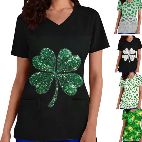 Gamivast St Patricks Day Scrubs for Women Plus Size Clover Graphic Short Sleeve Tops Holiday Themed V Neck Soft Scrub with Pockets Casual Loose Outfits