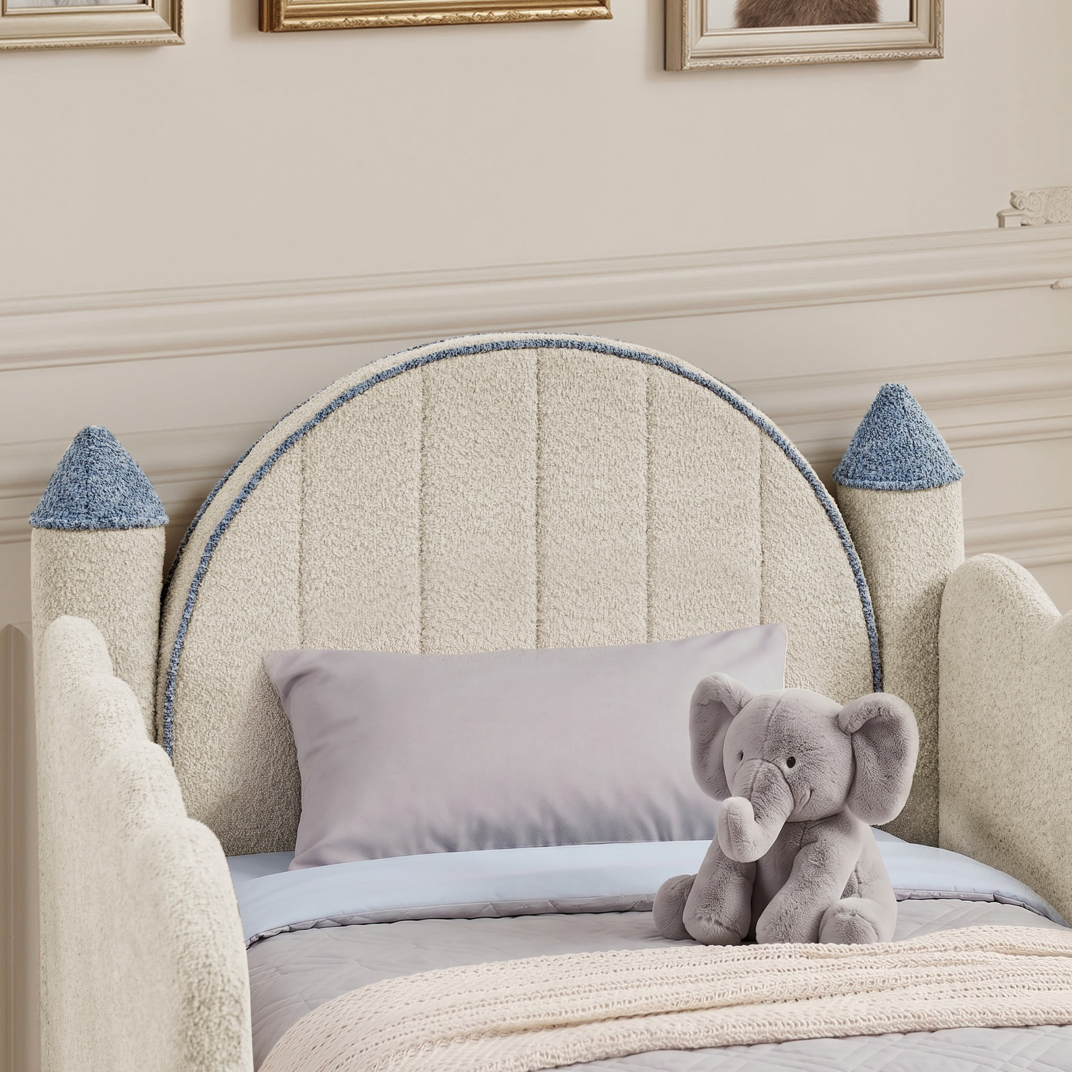 GDF Studio Solley Twin Size Castle Bed with Safety Guardrails, Curtain & Wood Frame, Boucle Upholstered Bed, Camel