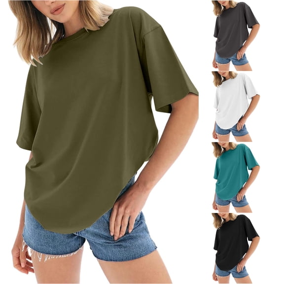 XIAONU Women Oversized Solid T Shirt Crew Neck Short Sleeve Summer Tees
