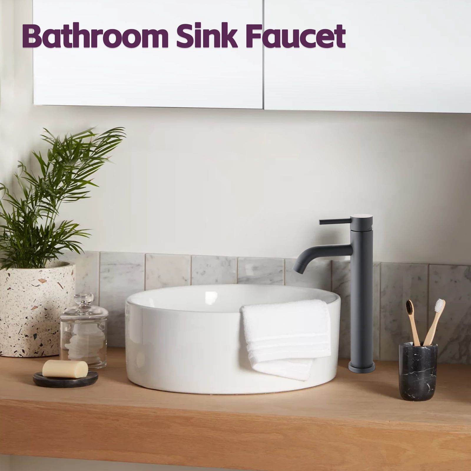 MAYEERTY Modern Single Handle One-Hole Tall Vessel Bathroom Sink Faucet, Stainless Steel, Matte Black