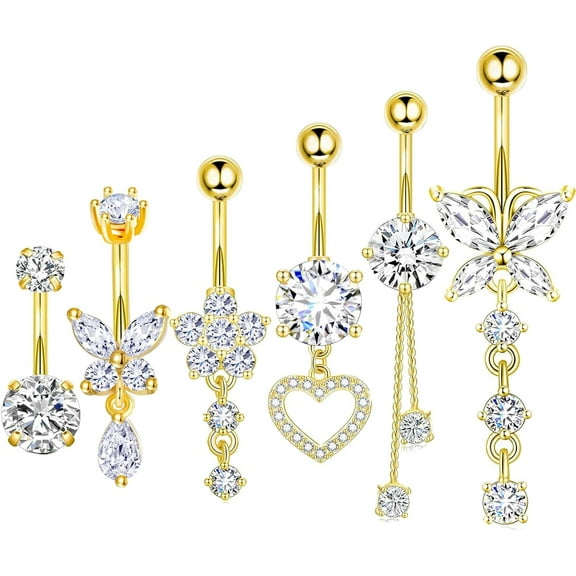 Surgical Stainless Steel Dangle Belly Button Rings for Women Belly Ring Dangling Piercing Jewelry with Heart Flower Butterfly Silver 14G