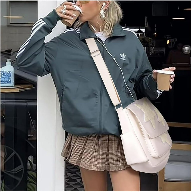 Vintage Star Denim Messenger Bag - Y2K Aesthetic Jean Tote, Adjustable Strap, 14.5x12.9x3.5 Inches, Unisex Hobo Bag