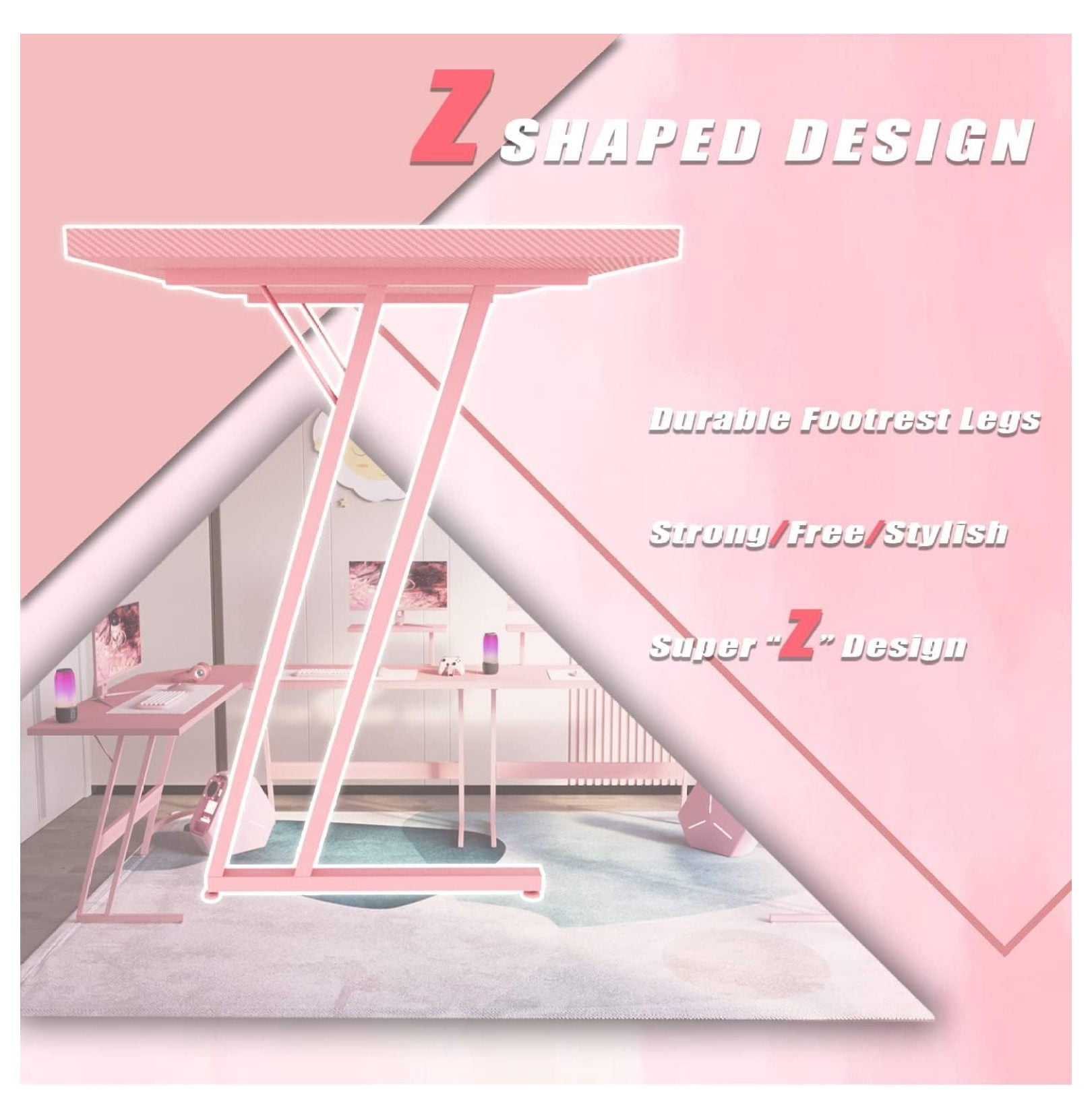 SONGMY Pink L Shaped Gaming Desk Computer Corner PC Desk Table with Large Monitor Stand for Home Office Studying Writing Workstation, Gift for Girls and Women (Pink, 57 Inch)