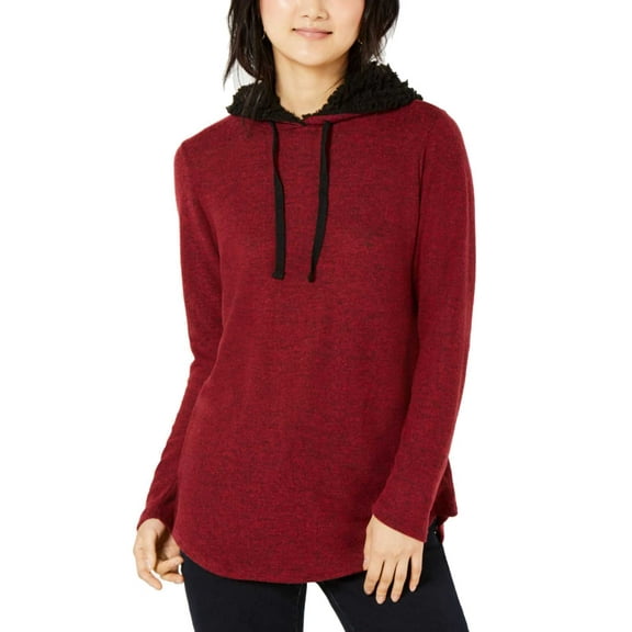 Ultra Flirt Women’s Marled Faux Sherpa-trimmed Hoodie (Red/Black, L)