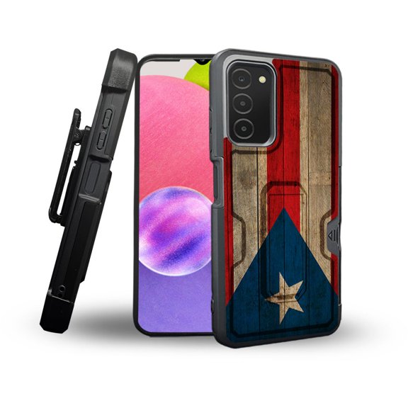ANJ  Rugged Shockproof Holster Case Card Slot Kickstand   Tempered Glass Cover for Samsung Galaxy A03s - Puerto Rico Flag on Wood