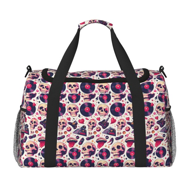 Balery Skull lips record Guitar Bolsa de Gimnasio para Mujeres, Bolsa de Viaje con Bolsillo Húmedo, Bolsa de Fin de Semana para Mujeres, Bolsa de Viaje Resistente al Agua