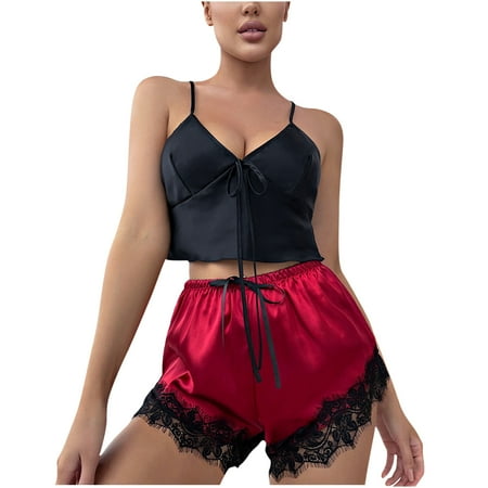 

Silk Pajamas Set Women Satin Camisole Sleepwear Lingerie 2 Piece Pjs Crop Cami Top V Neck and Lace Trim Shorts Nightwear
