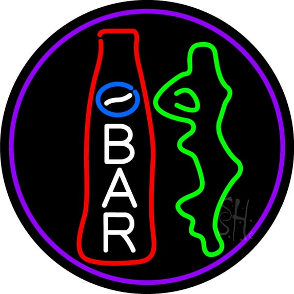 Custom Bar With Bottle And Girl Oval With Purple Border LED Neon Sign 26 x 26 - inches, Clear Edge Cut Acrylic Backing, with Dimmer - Bright and Premium built indoor LED Neon Sign for Bar decor.