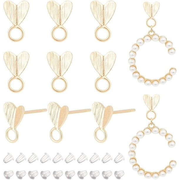 12 piezas de pendientes de botón de latón chapado en oro real de 14 quilates con forma de corazón, con pasadores de plata de ley y 30 tuercas para pendientes.