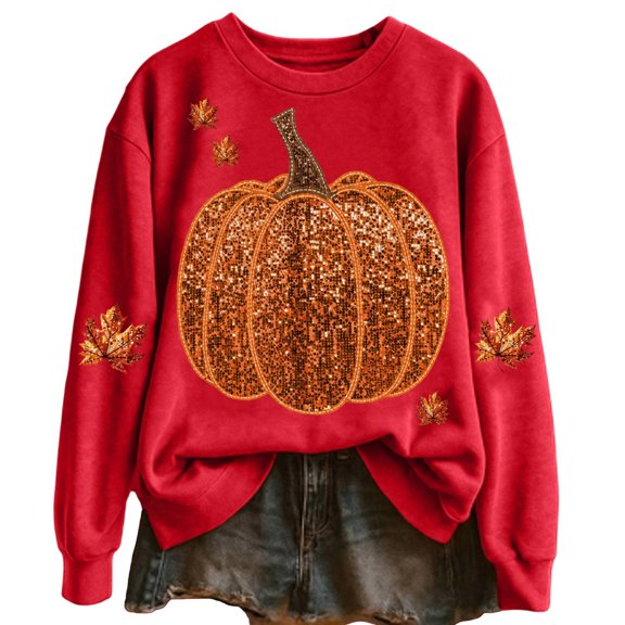 WEIWEN Halloween Sweatshirt for Women Fashion Maple Leaf Pumpkin Print Fall Outfits for Women Long Sleeve Going Out Tops Dressy Casual Thanksgiving Sweaters Women's Clothing S
