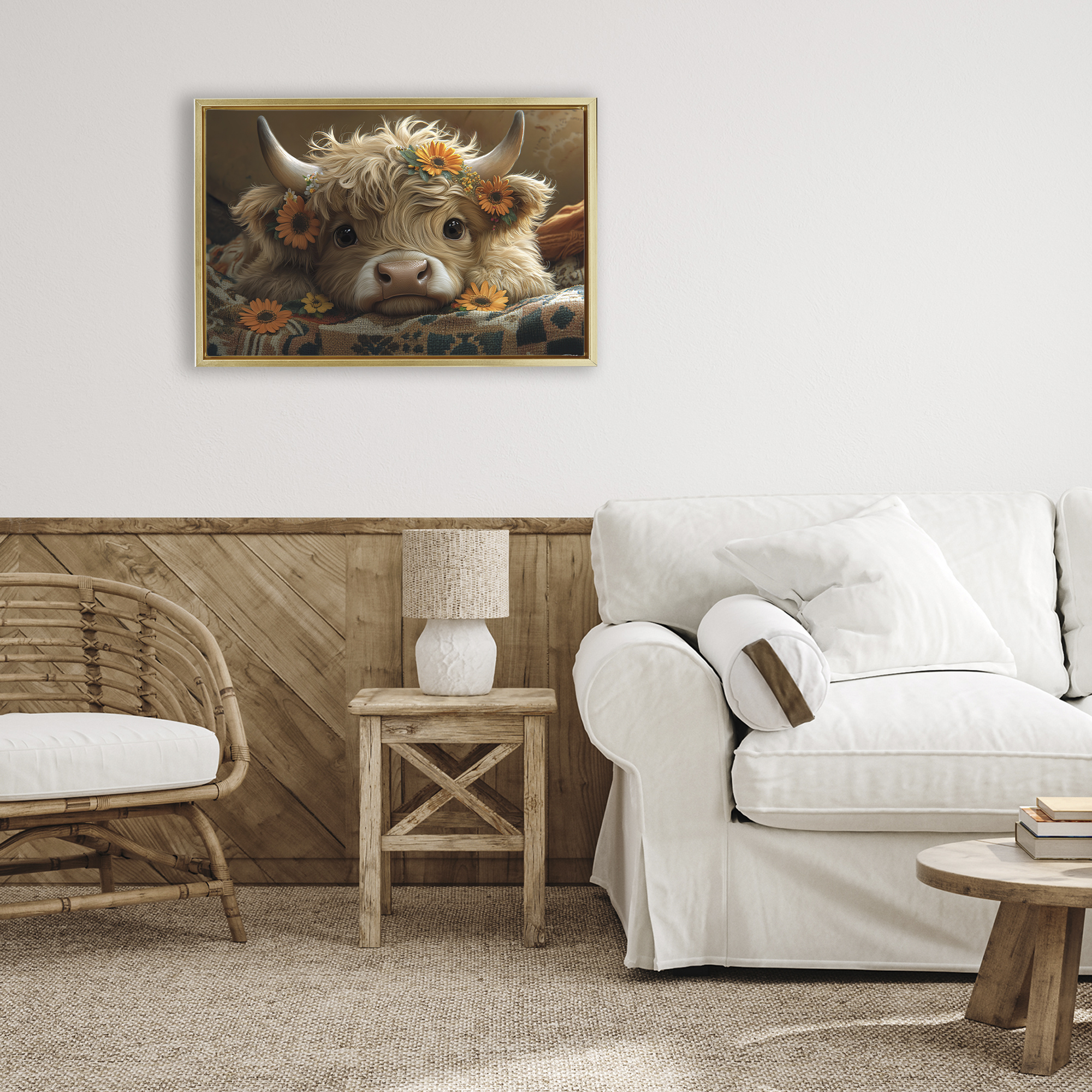 Adorable Flower Bedecked Cattle Gold Framed Floater Canvas Wall Art, design by Momart