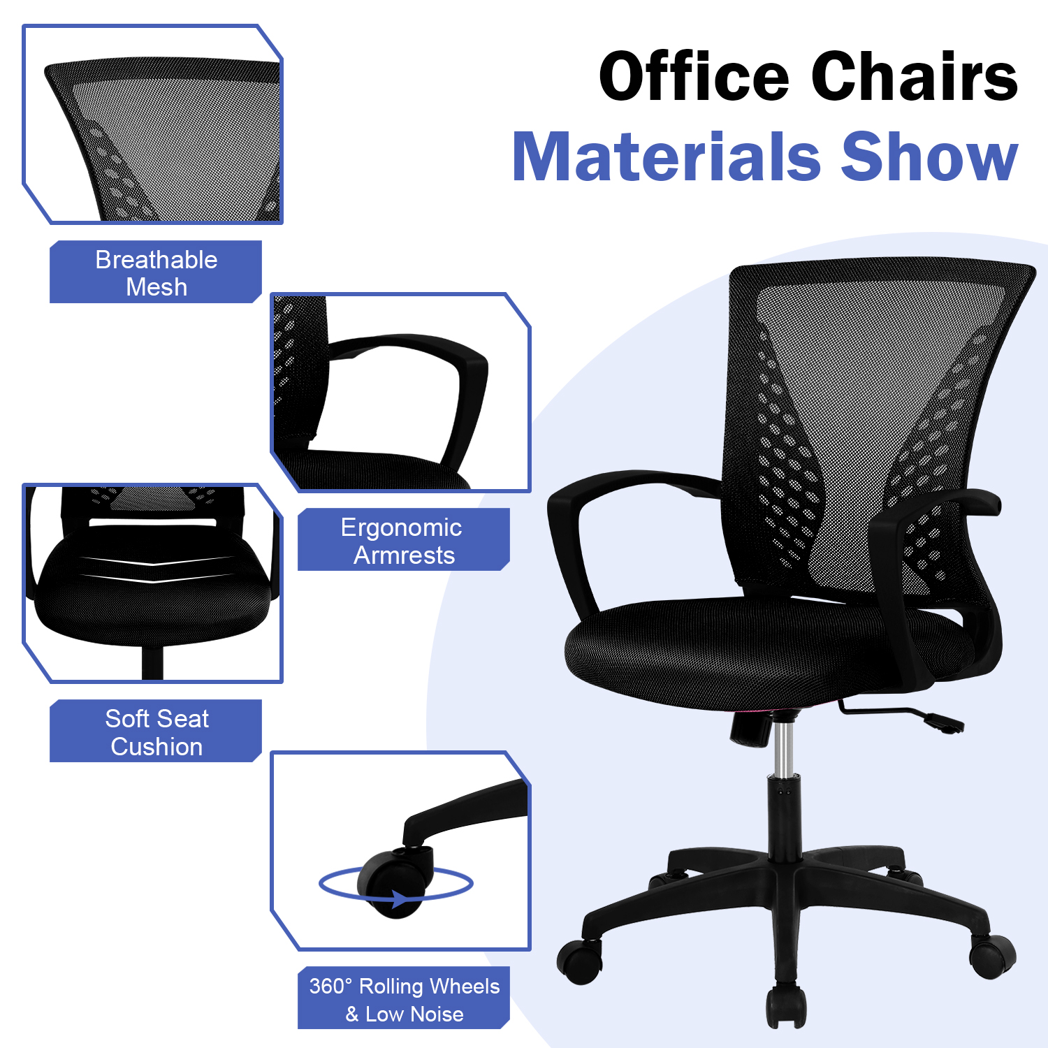 Mid-Back Office Chair, Ergonomic Computer Chair Adjustable Desk Chair with Armrest, Rolling Swivel Chair for Home&Office, Easy to Assemble, Black