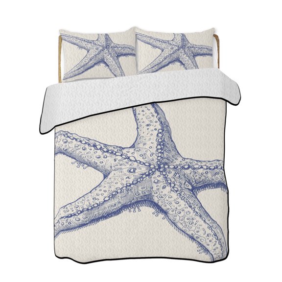 Quilts Queen Size Bedding Set, Blue Starfish Coastal Reversible Summer Quilt 3 Pieces, Summer Beach Nautical Beige Lightweight Bedspreads Coverlets with 2 Pillow Shams for All Seasons