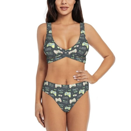 Zeuib Gamers High Waisted Tummy Control Bikini Set - Knot Front Push Up Top & Cheeky Thong Bottom  Two-Piece Swimsuit for Women-X-Large