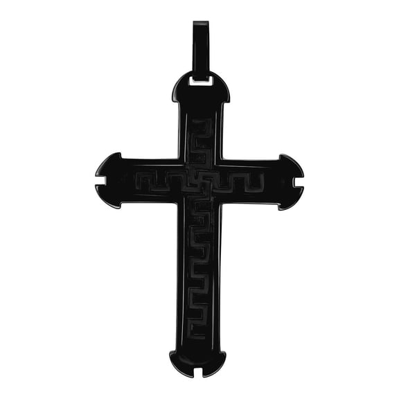 Stainless Steel Black-tone Mens Greek Key Cross Religious Charm Pendant Necklace for Men