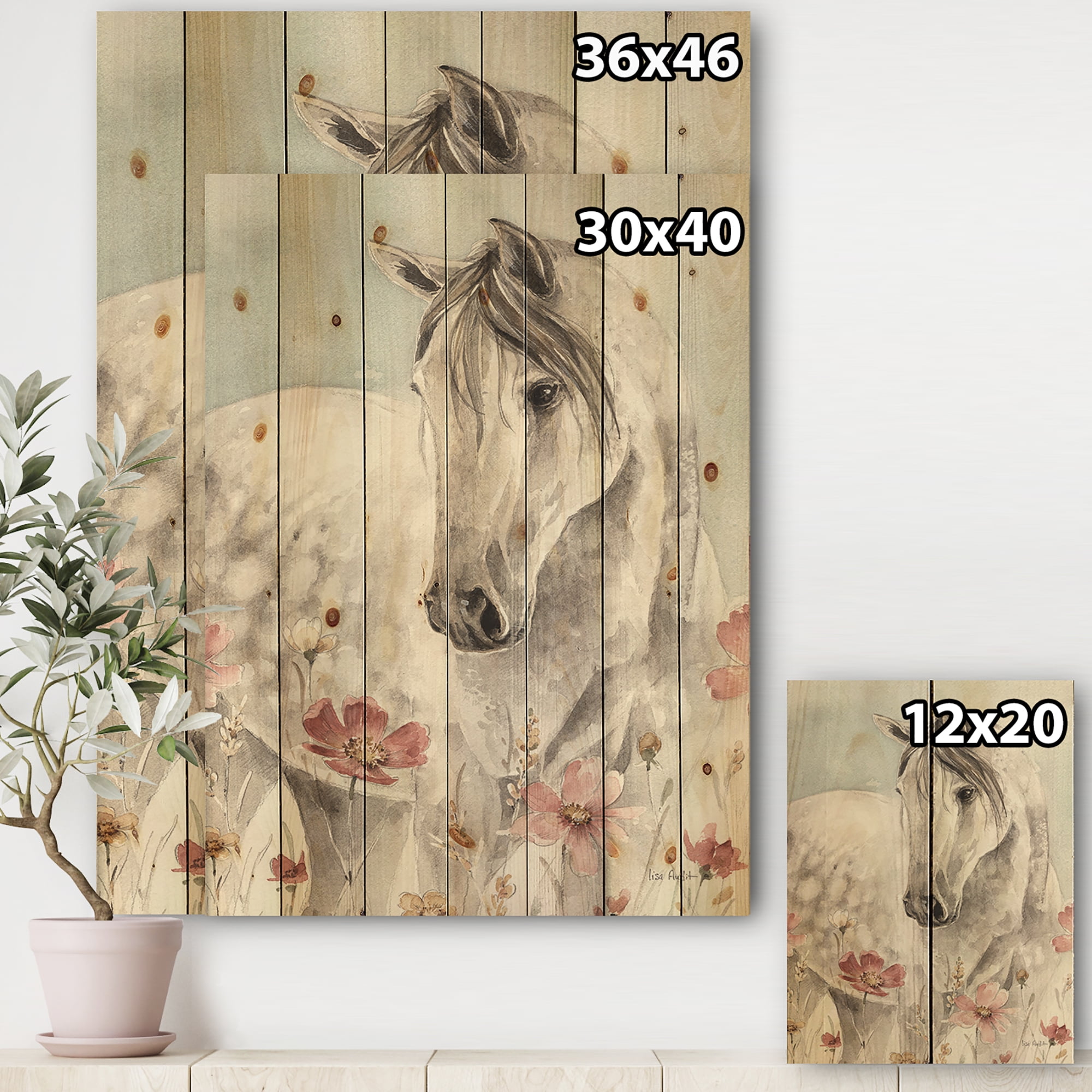 Designart 'watercolors Pink Wild Horses II' Farmhouse Print on Natural Pine Wood