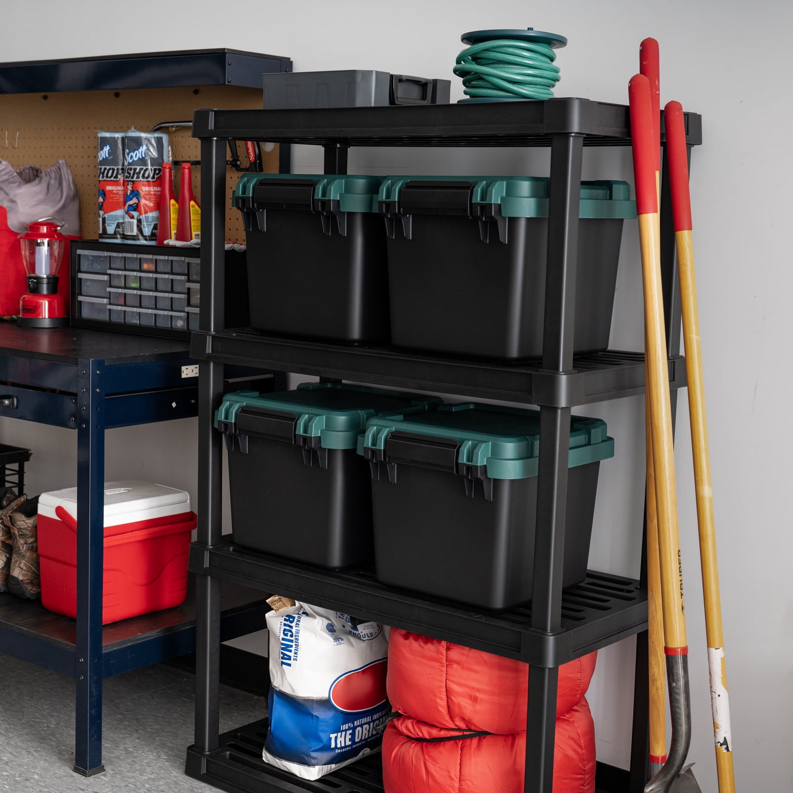 Remington 30 Qt Heavy Duty Trail Box, Stackable Storage Bin with Latching Lids, Black, 4Pk