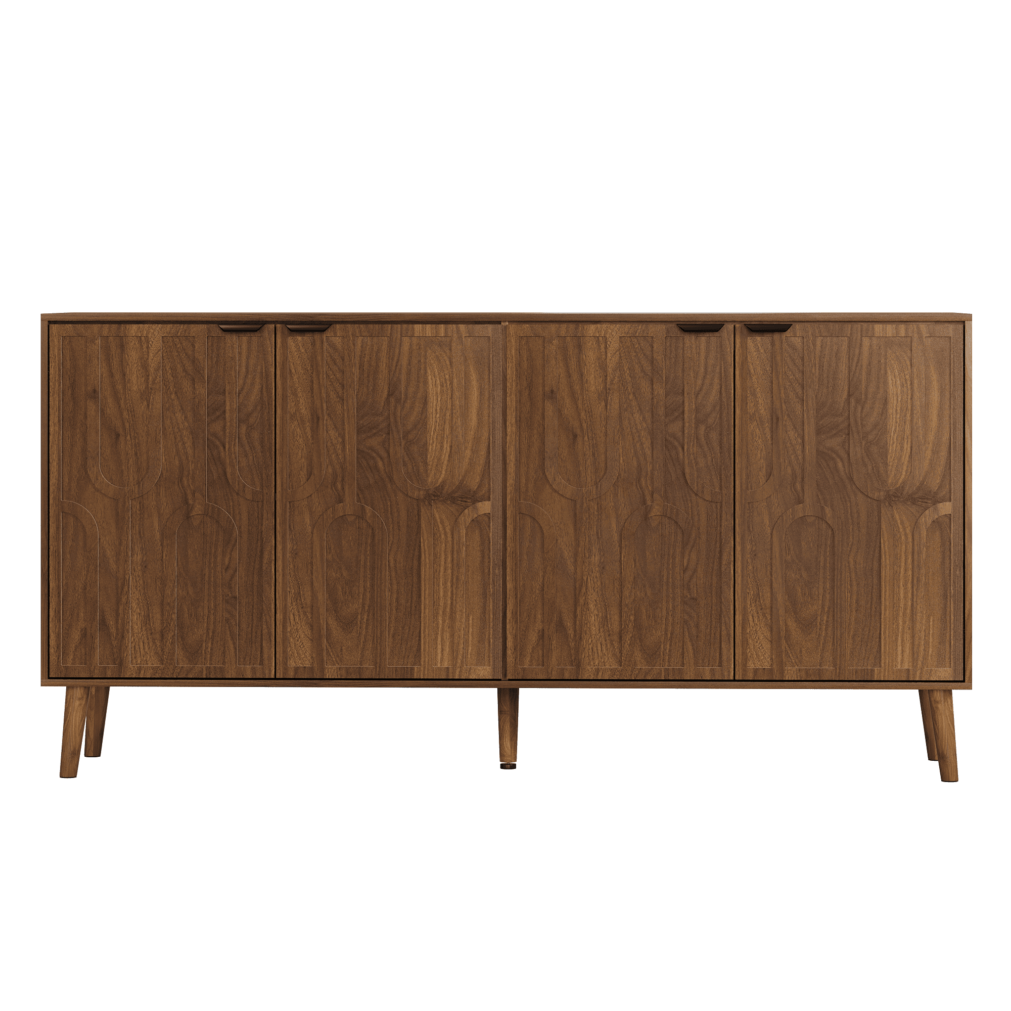 55-Inch Sideboard Serving Cabinet, Mid-Century Modern Style Wooden Entryway Cabinet, Four-Door Storage Unit With Metal Handles, Sturdy Solid Wood Legs