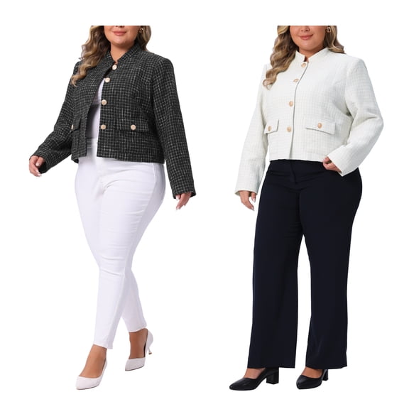 Agnes Orinda Women's Plus Size Two Piece Plaid Tweed Blazer Long Sleeve Button Down Elegant Cropped Jacket with Pockets 1X White/Black