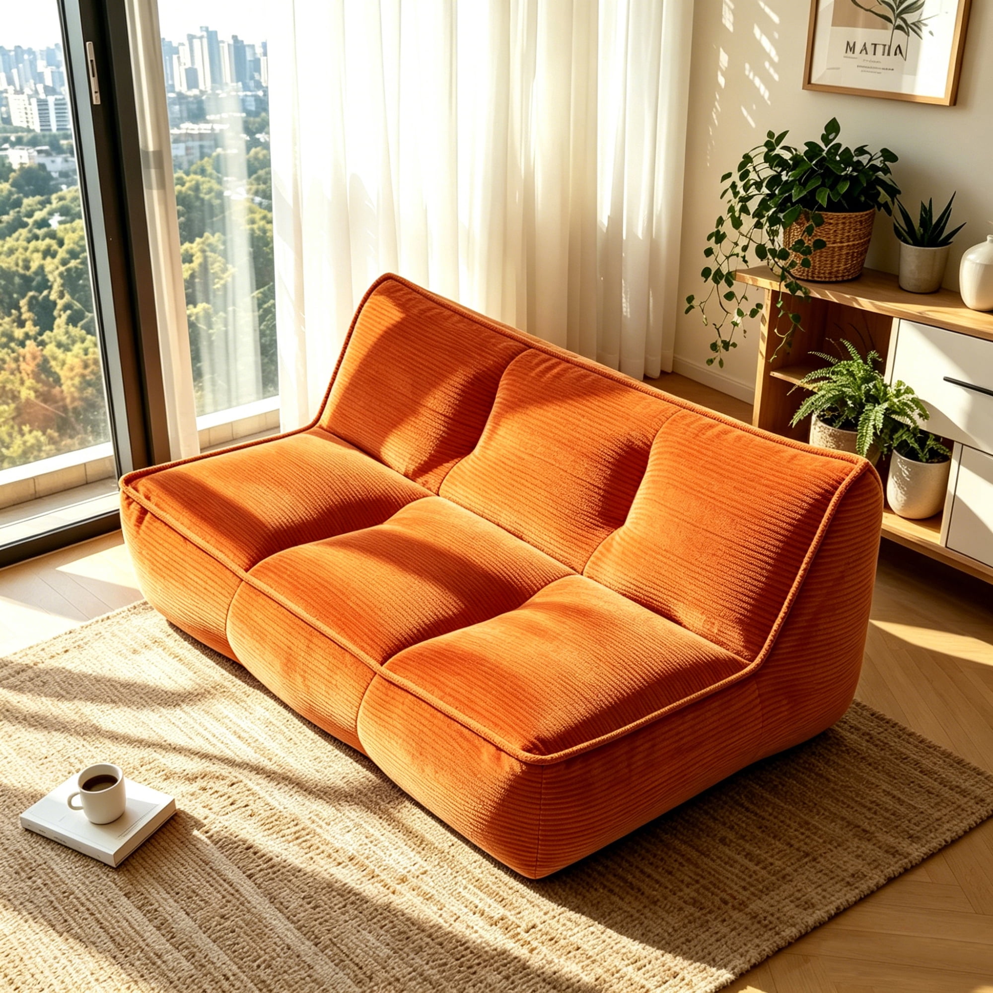 Leumius Cozy Fluffy Cloud Lazy Sofa, 3-Seater Corduroy Bean Bag Lounge Chair, Lightweight Single-Seat Couch for Living Room, Bedroom, Dorm Room, Office & Small Spaces,Orange