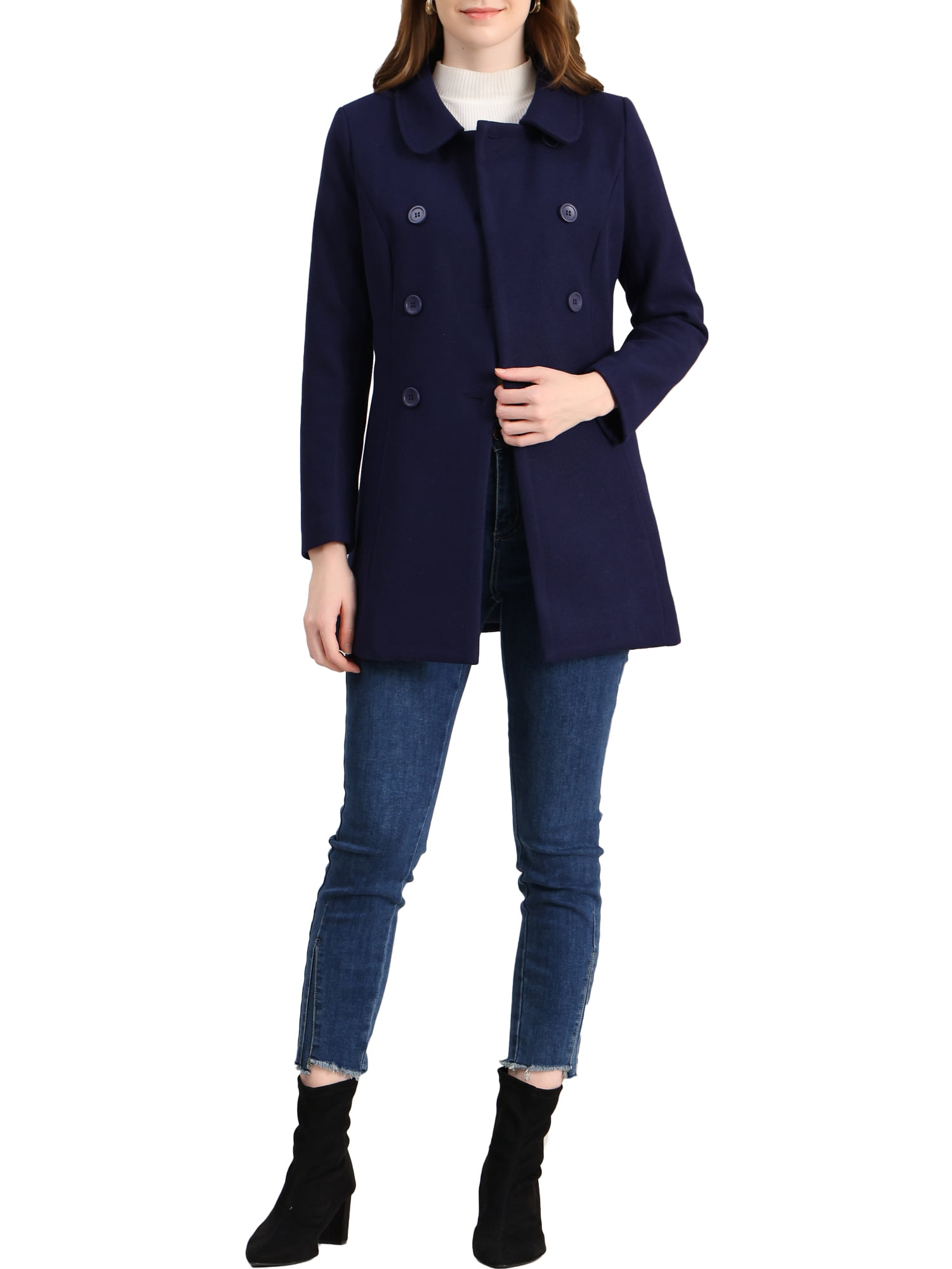 Unique Bargains Women's Peter Pan Collar Double Breasted Winter Trench Coat S Navy Blue