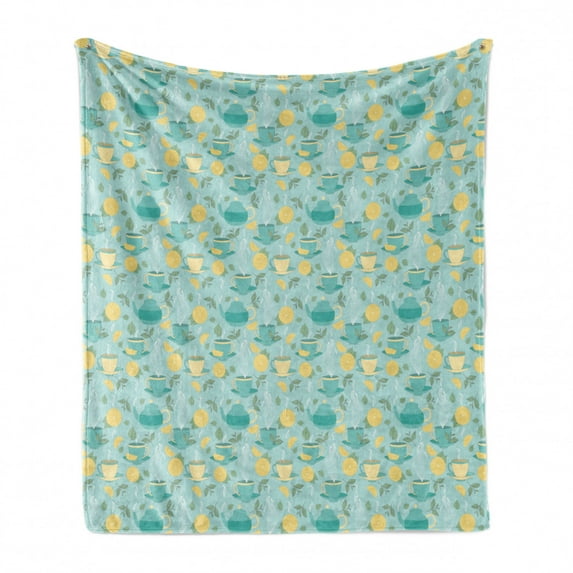 Lemons Soft Flannel Fleece Throw Blanket, Piping Hot Cup of Tea and Teapot Sprouts Among Full and Half Citruses, Cozy Plush for Indoor and Outdoor Use, 60" x 80", Teal Cream Baby Blue, by Ambesonne