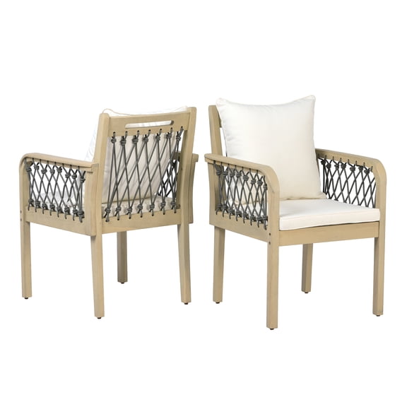Patio Armchairs, Set of 2 Acacia Wood Outdoor Chairs with Woven Grey Rope Arms and Water-Resistant Cream Beige Cushions, 22.83"W x 24.02"D x 33.86"H, Light Teak Finish for Garden Balcony