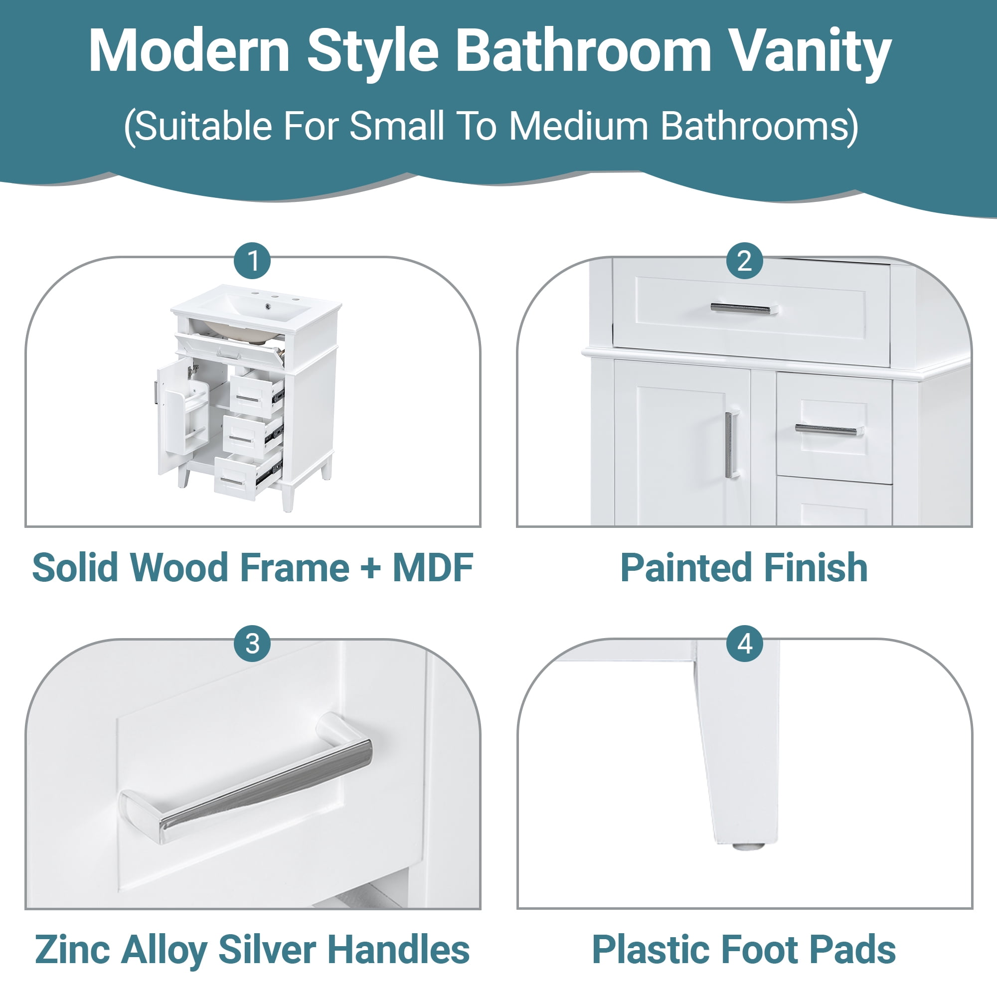 GARITIN 24 Inch Bathroom Vanity with Ceramic Sink, Solid Wood Frame & MDF Cabinet, 1 Door, Flip Drawer & 3 Drawers, Soft Close Hinges, Adjustable Shelf, White